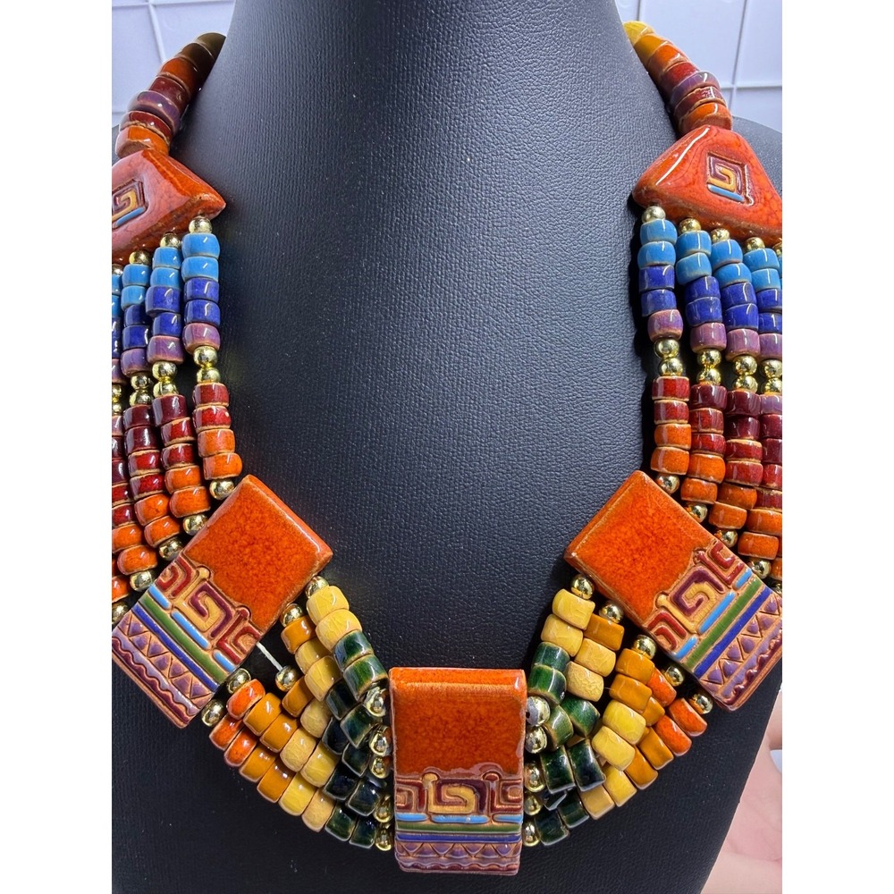 Vintage French Boho Tribal Necklace Signed Ceramic Greek Key Ere